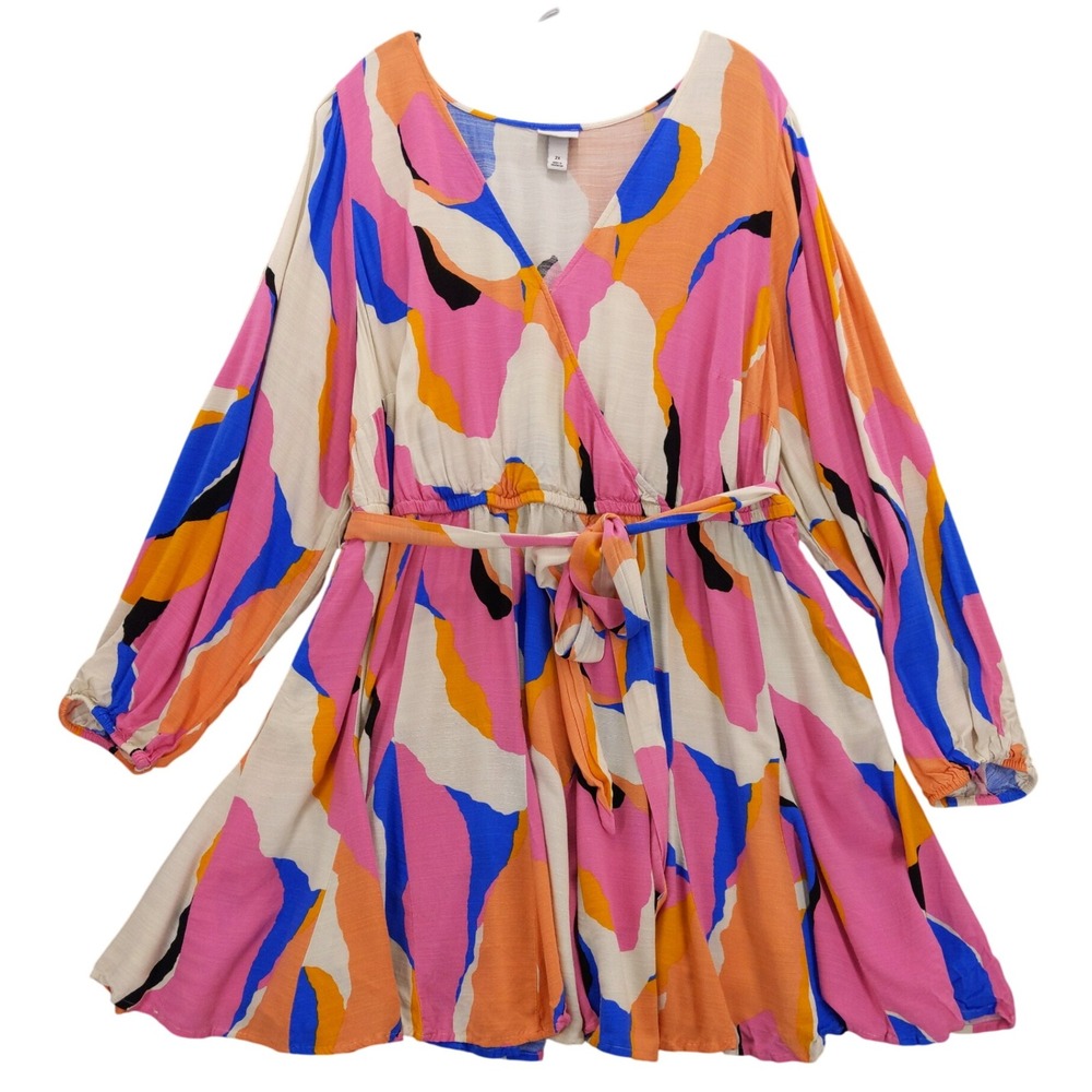 Ava & Viv 2X Dress Multicolor Abstract Print Long Sleeve Wrap Tie Belt